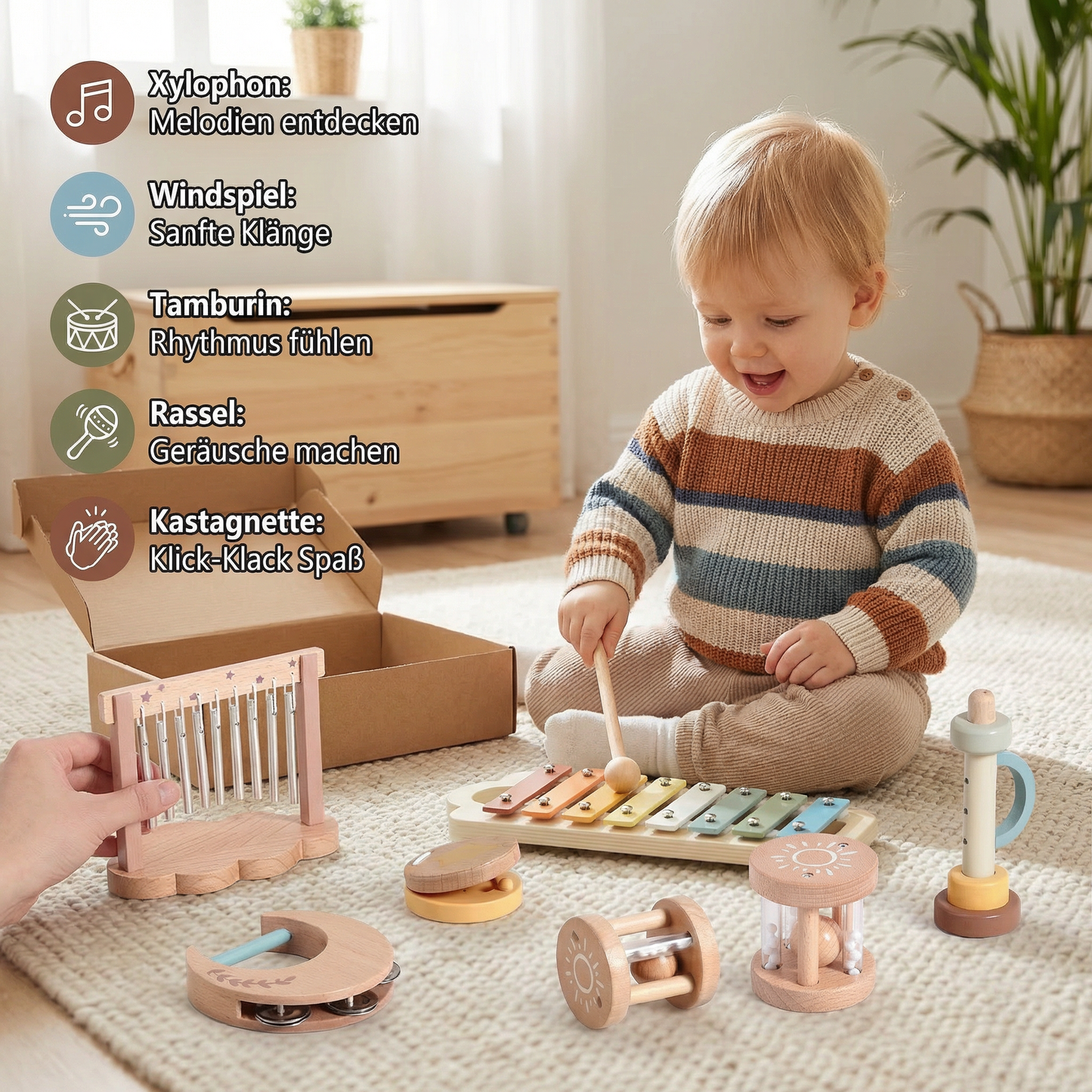 Baby Holz-Klangspiel Set – 6-teiliges sensorisches Musik- & Klangspielzeug