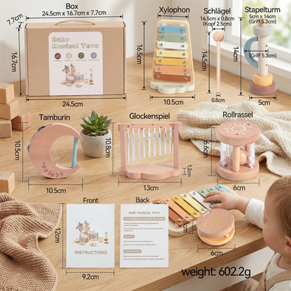 Baby Holz-Klangspiel Set – 6-teiliges sensorisches Musik- & Klangspielzeug