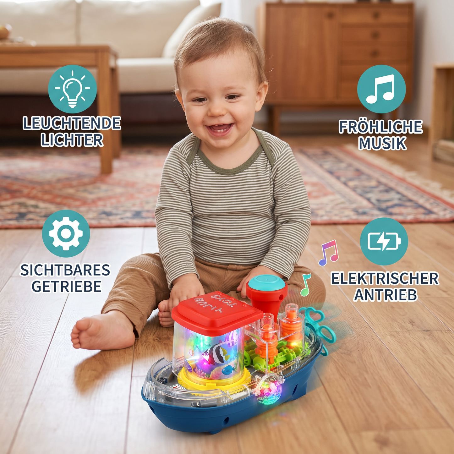 Leuchtendes Zahnradboot – Musikalisches elektrisches Spielzeugboot für Kinder