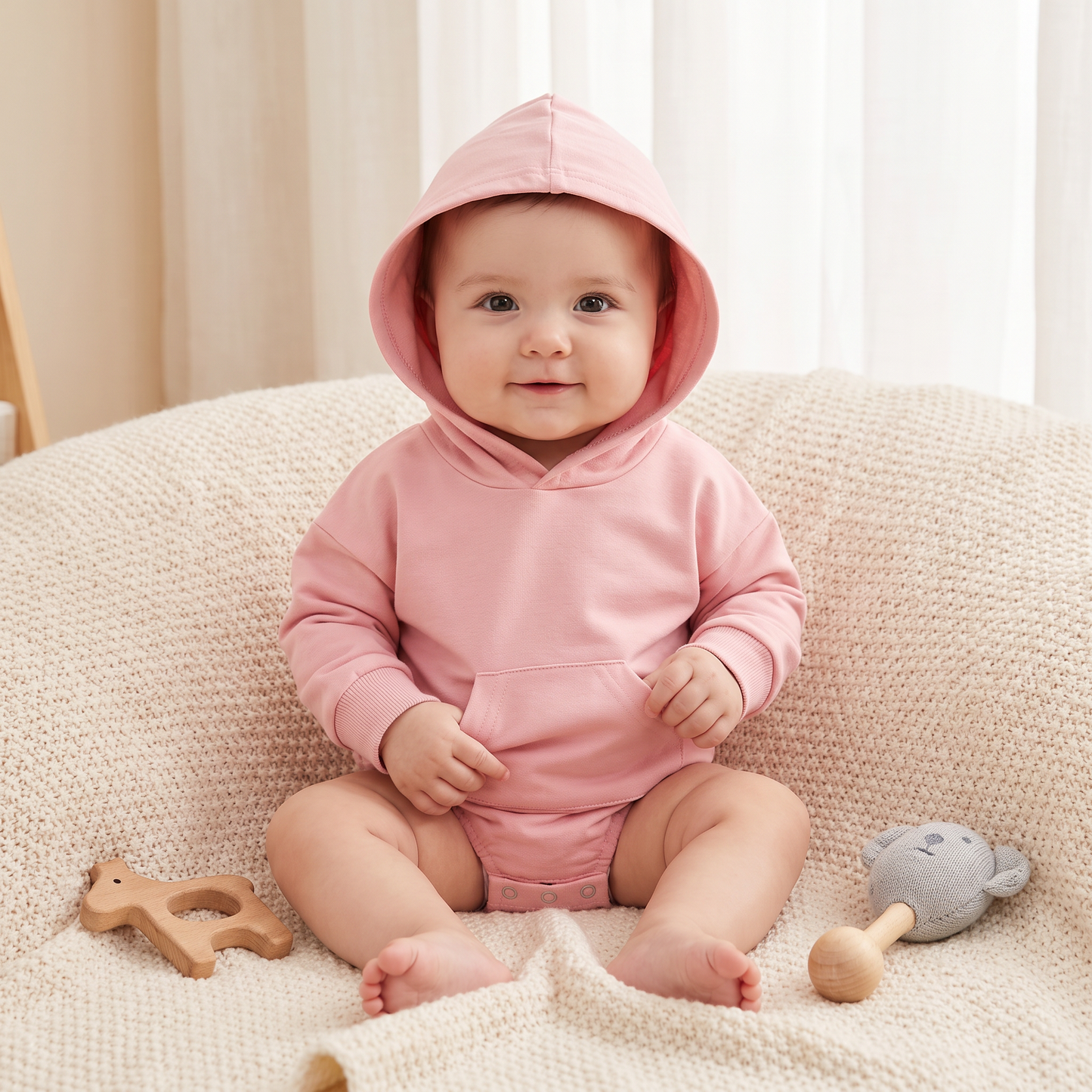 Baby-Strampler mit Kapuze – Weicher Langarm-Einteiler mit Fronttasche