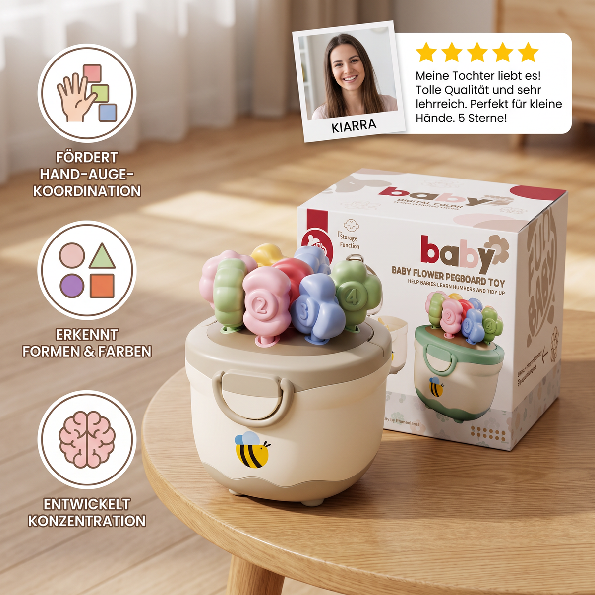 Montessori-Lernspiel mit Blumentopf zum Zuordnen von Farben & Zahlen