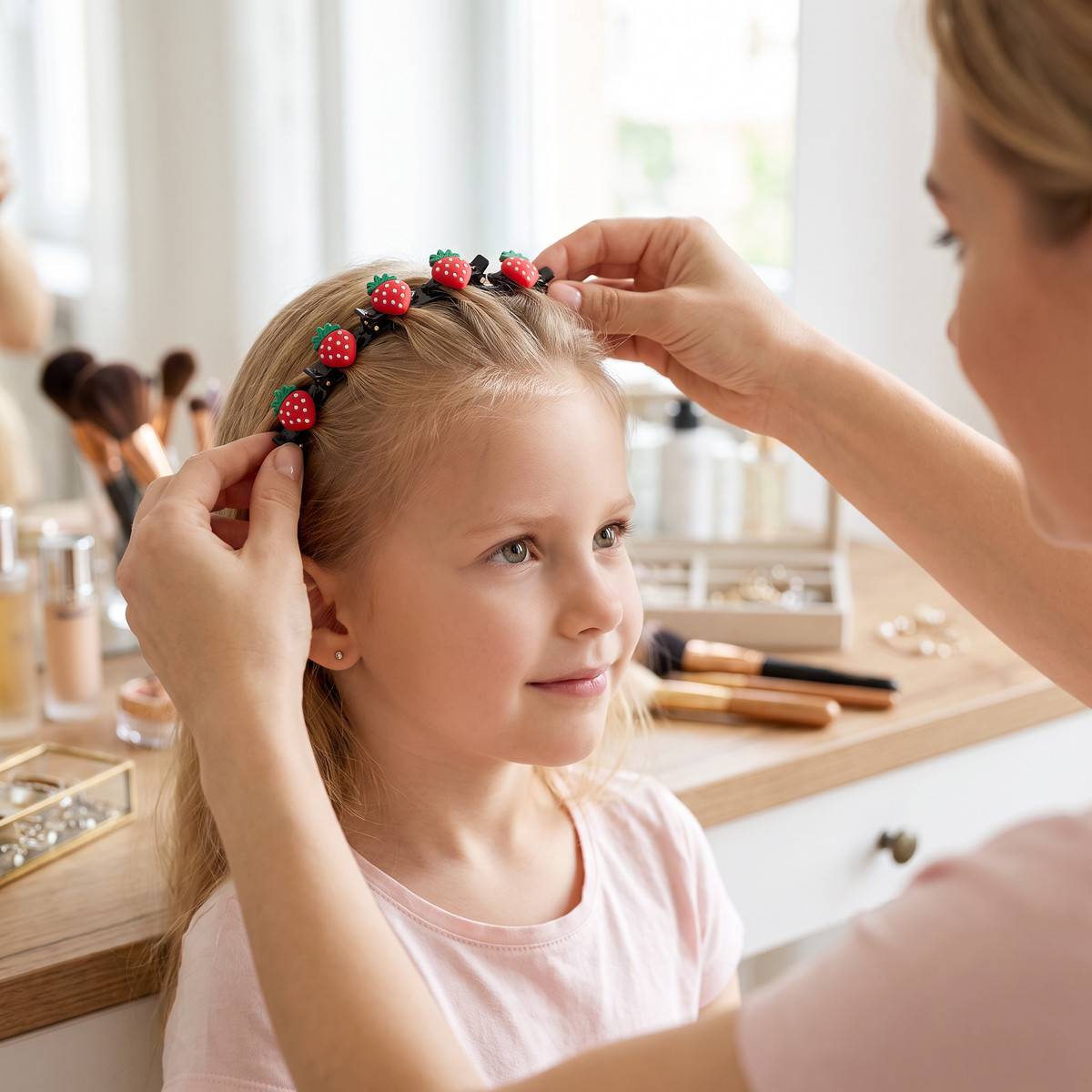 Niedliche Haarclips & Haarbänder für Mädchen mit Blumen-, Erdbeer- & Regenbogen-Anhängern