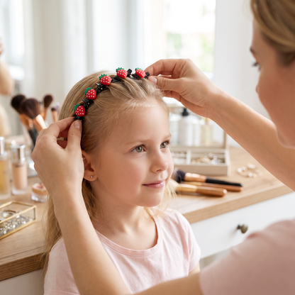 Niedliche Haarclips & Haarbänder für Mädchen mit Blumen-, Erdbeer- & Regenbogen-Anhängern