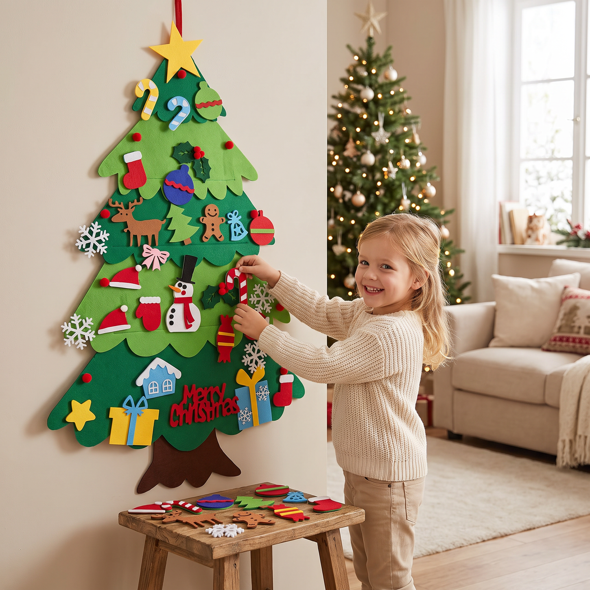 DIY-Filz-Weihnachtsbaum für Kinder mit dekorativen Anhängern