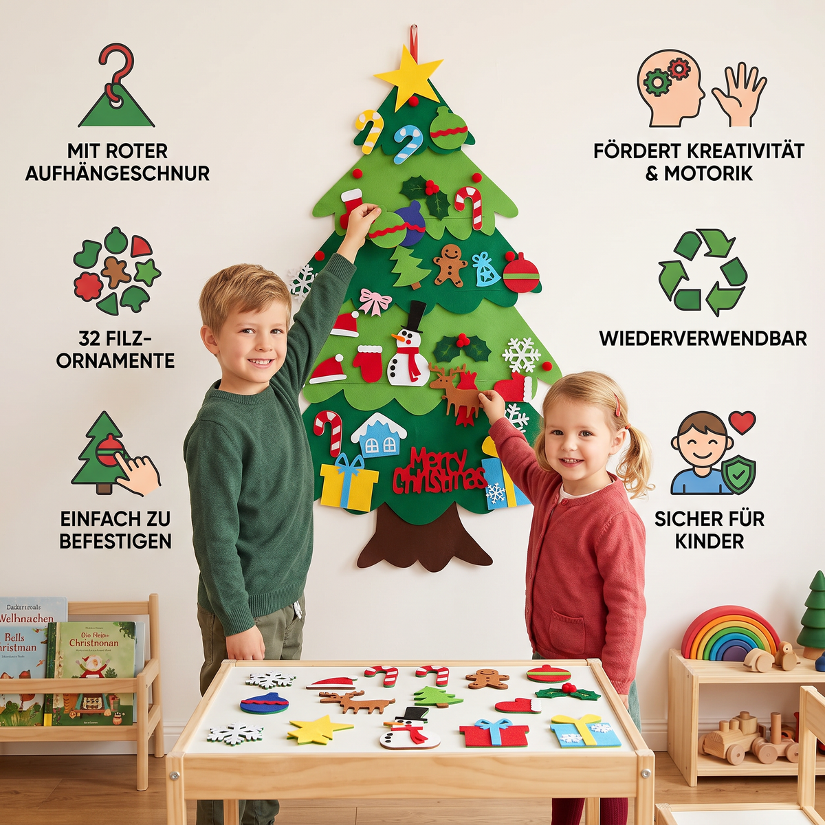 DIY-Filz-Weihnachtsbaum für Kinder mit dekorativen Anhängern