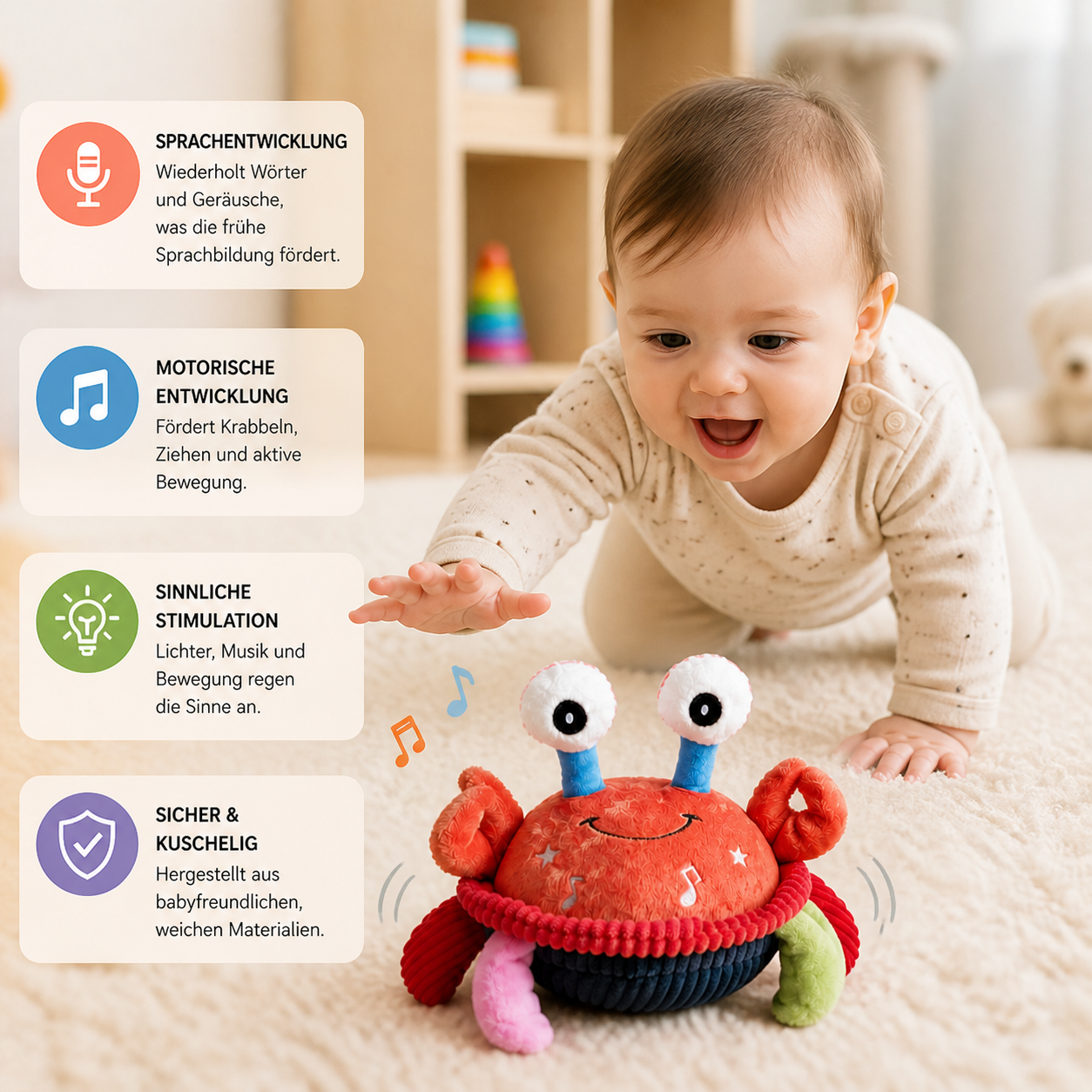 Interaktive musikalische Krabbe mit Sprachfunktion – Bewegliches Lernspielzeug für Babys