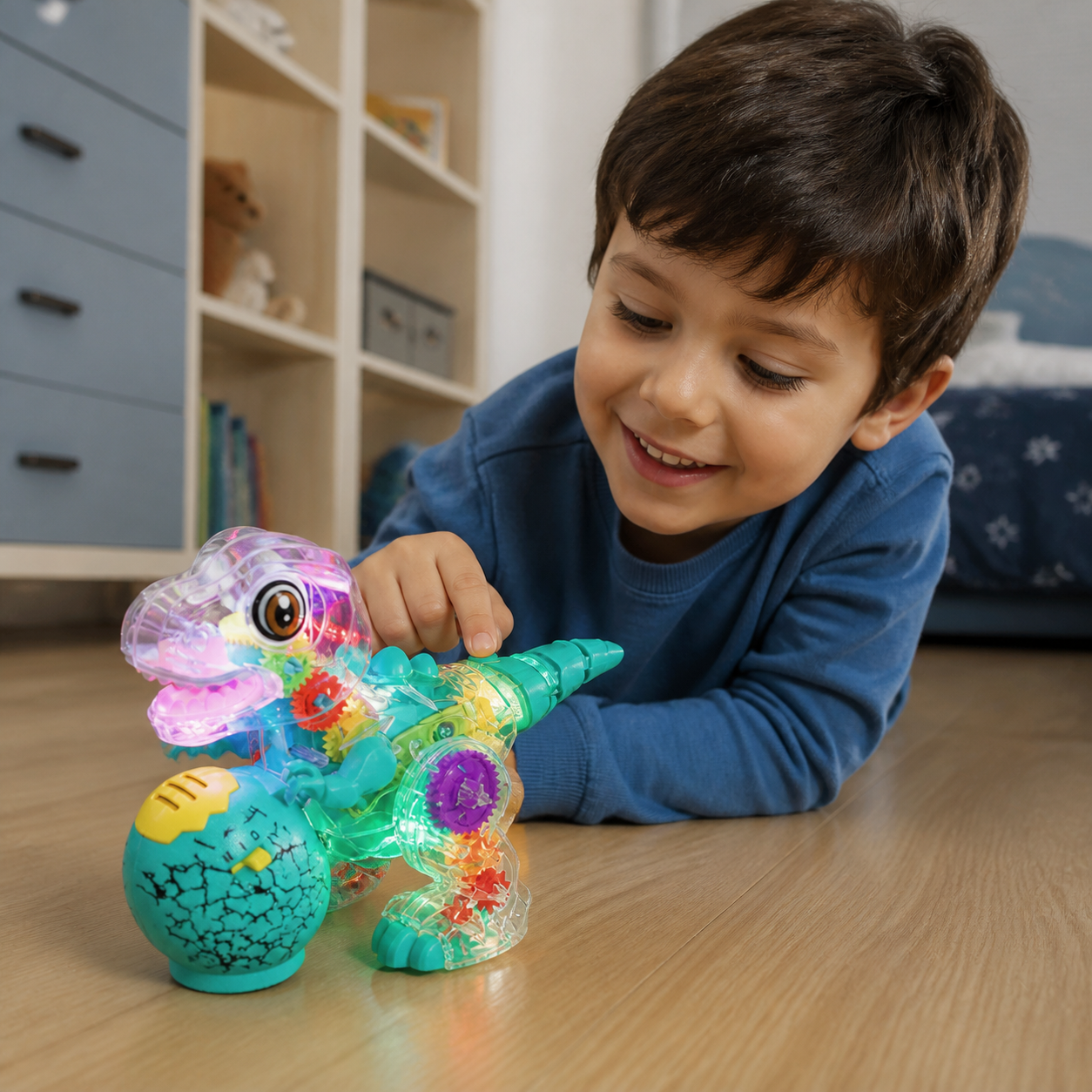 Interaktives leuchtendes Zahnrad-Dinosaurier-Spielzeug mit Musik & Laufbewegung