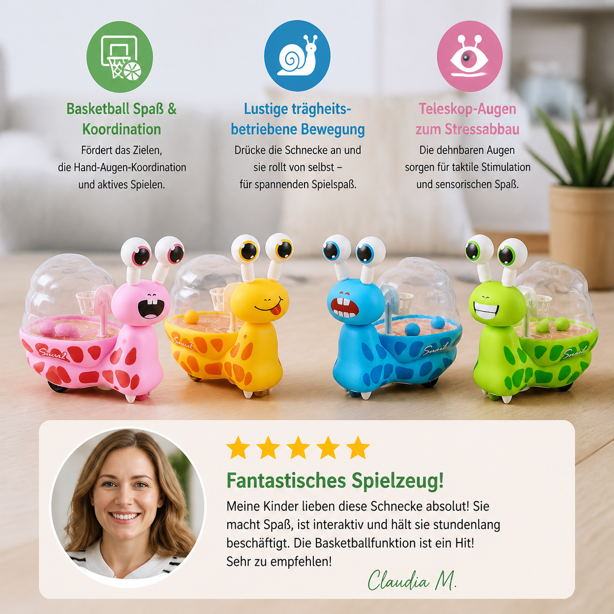 3-in-1 bewegliches Schneckenspielzeug mit Basketballkorb & Teleskopaugen