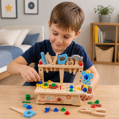 Kinder-Werkbank & Werkzeugset aus Holz – DIY-Bauspielzeug zur Förderung der Feinmotorik