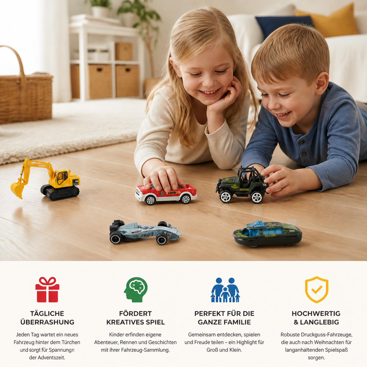 Weihnachts-Adventskalender mit Druckgussautos für Kinder