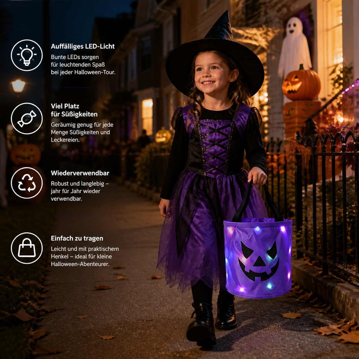 LED-Halloween-Süßigkeiteneimer für Trick-or-Treat – Wiederverwendbare leuchtende Tragetasche