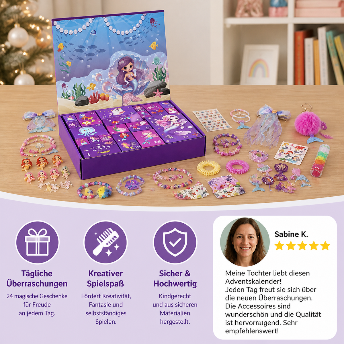 24-Tage-Meerjungfrauen-Adventskalender mit Haaraccessoires, Stickern & Überraschungsgeschenken