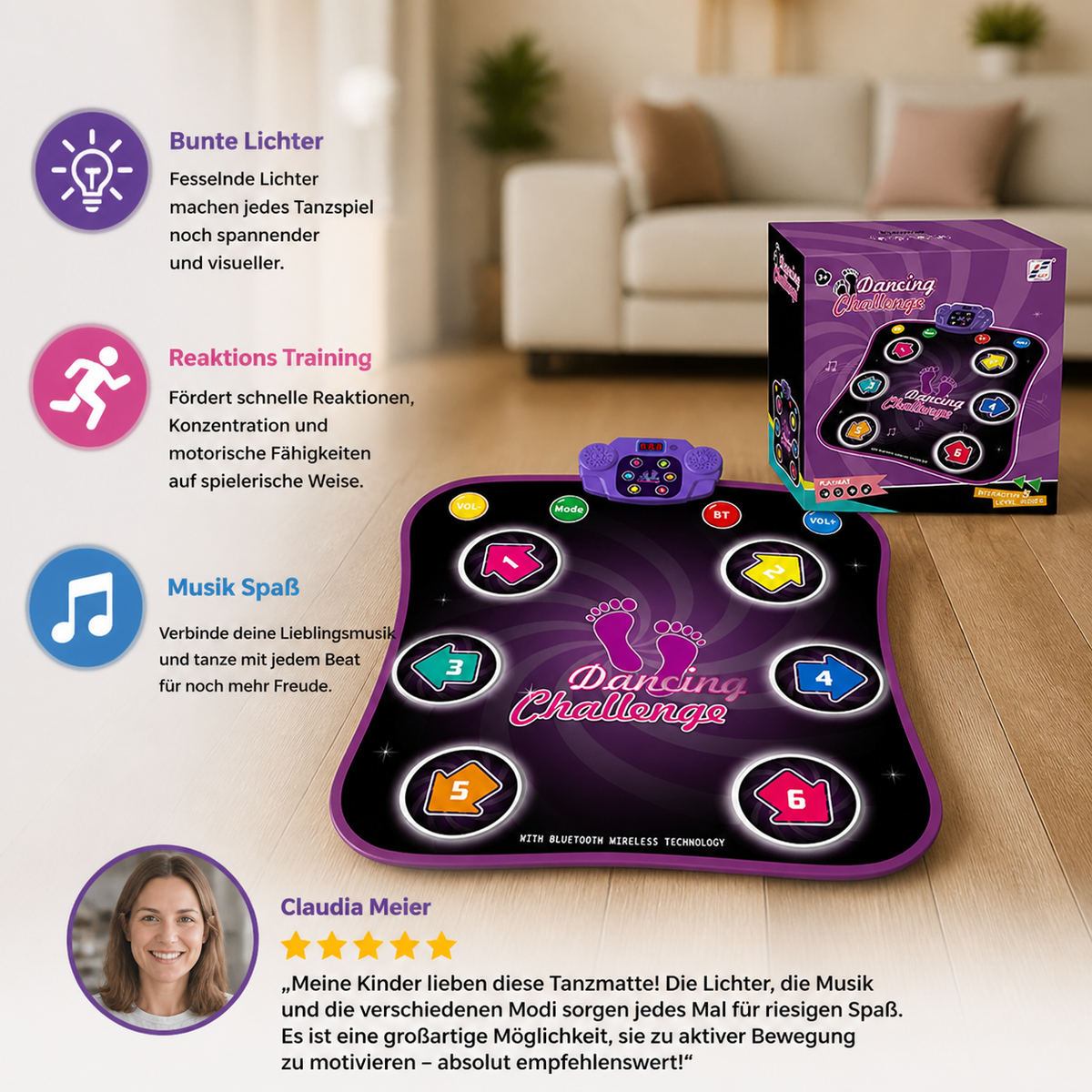 Leuchtende Bluetooth-Tanzmatte für Kinder mit 5 Spielmodi