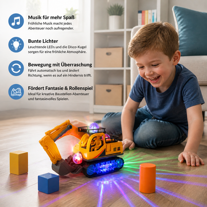Elektrischer Spielzeugbagger mit Diskokugel, Musik & Bump-and-Go-Funktion