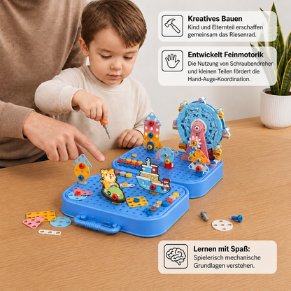 DIY-Werkzeugkasten für Kinder mit Bauplatte, Riesenrad und Bohrmaschine