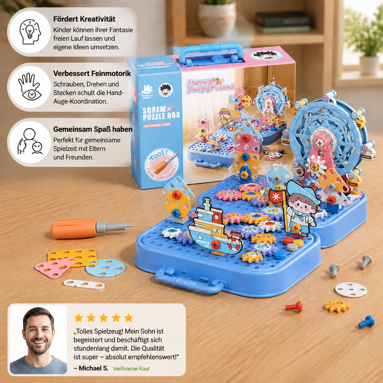 DIY-Werkzeugkasten für Kinder mit Bauplatte, Riesenrad und Bohrmaschine