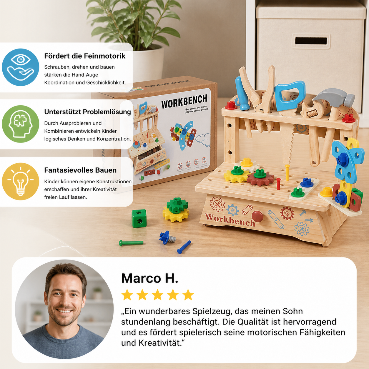 Kinder-Werkbank & Werkzeugset aus Holz – DIY-Bauspielzeug zur Förderung der Feinmotorik