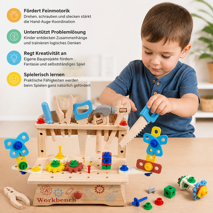 Kinder-Werkbank & Werkzeugset aus Holz – DIY-Bauspielzeug zur Förderung der Feinmotorik