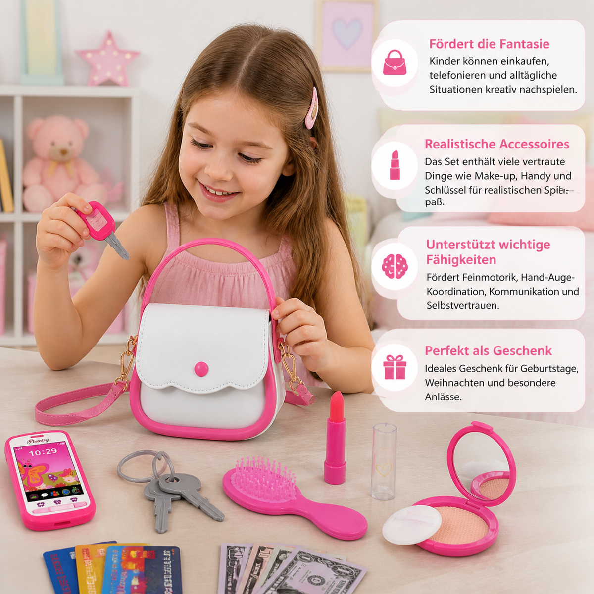 Kinder-Handtaschen-Spielset mit Handy, Make-up & Zubehör