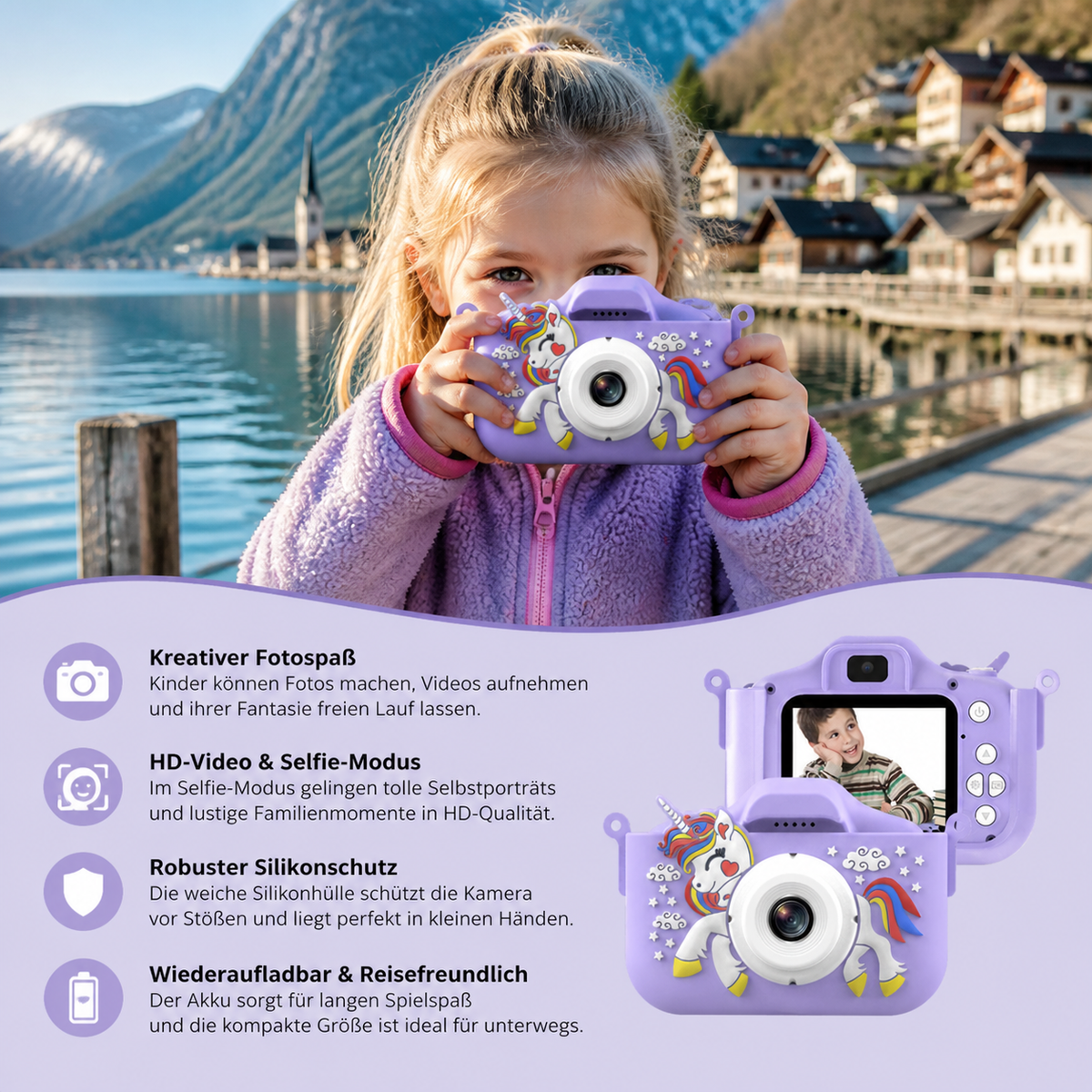Wiederaufladbare Digitalkamera für Kinder mit Selfie-Modus, HD-Video & Silikonhülle
