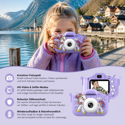 Wiederaufladbare Digitalkamera für Kinder mit Selfie-Modus, HD-Video & Silikonhülle