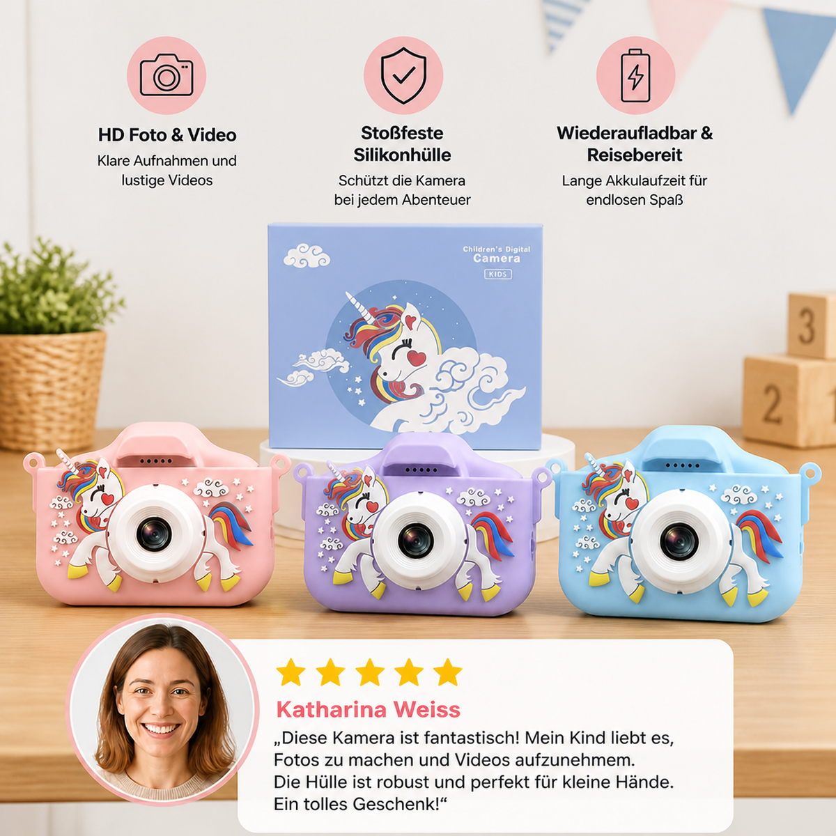 Wiederaufladbare Digitalkamera für Kinder mit Selfie-Modus, HD-Video & Silikonhülle
