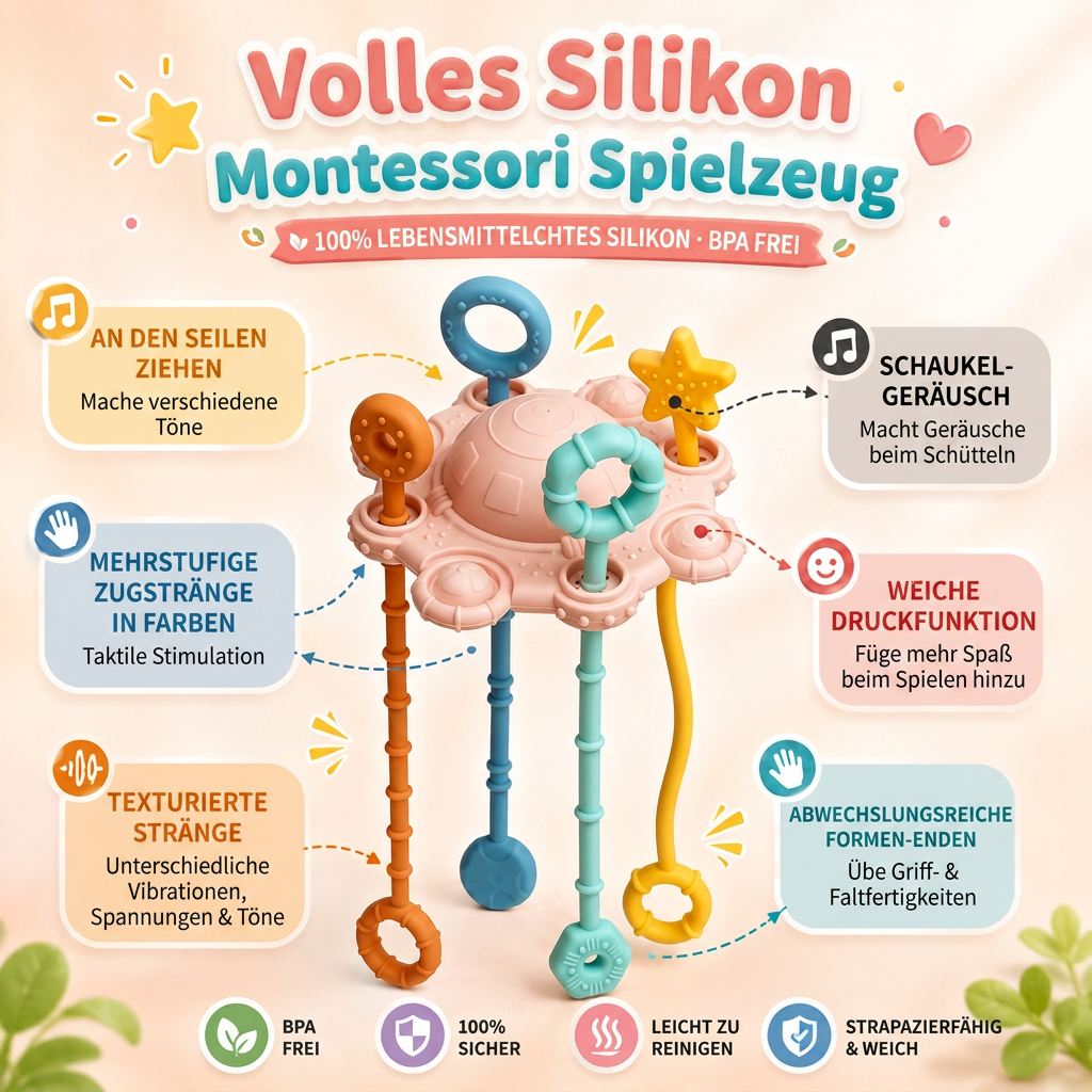 Montessori-Sensorikspielzeug zum Ziehen & Entdecken – Silikon-Ziehspielzeug zur Förderung der taktilen Wahrnehmung und zur Linderung beim Zahnen