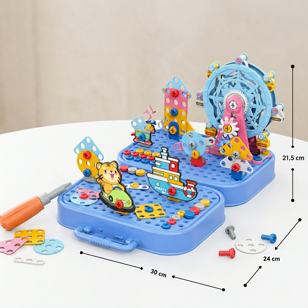DIY-Werkzeugkasten für Kinder mit Bauplatte, Riesenrad und Bohrmaschine