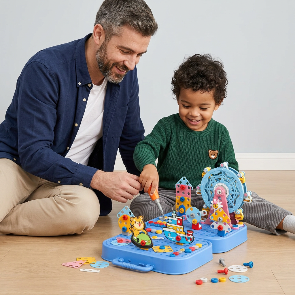 DIY-Werkzeugkasten für Kinder mit Bauplatte, Riesenrad und Bohrmaschine