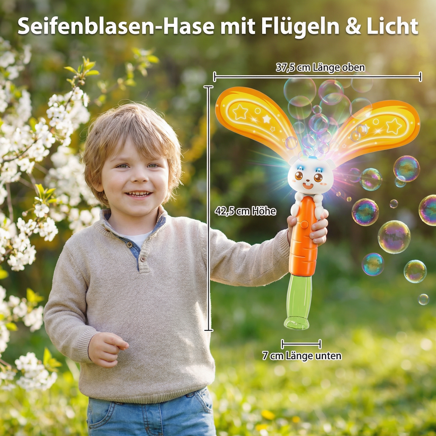Seifenblasen-Hase mit Flügeln & Licht – Kinder Bubble Maker