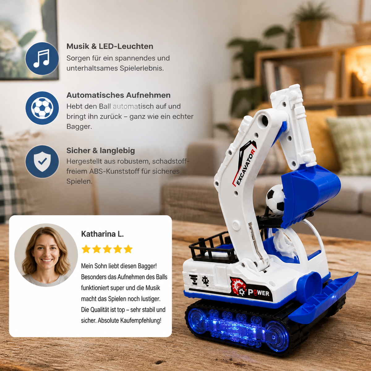 Musikalischer Bagger mit automatischer Fußball-Schaufel & LED-Lichtern
