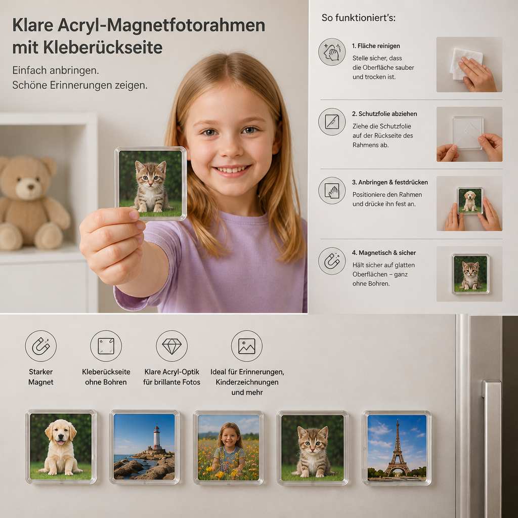 Klare magnetische Acryl-Fotorahmen mit selbstklebender Rückseite