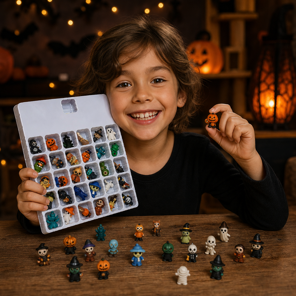 Halloween-Countdown-Kalender mit gruseligen Überraschungs-Mini-Figuren & Anhängern