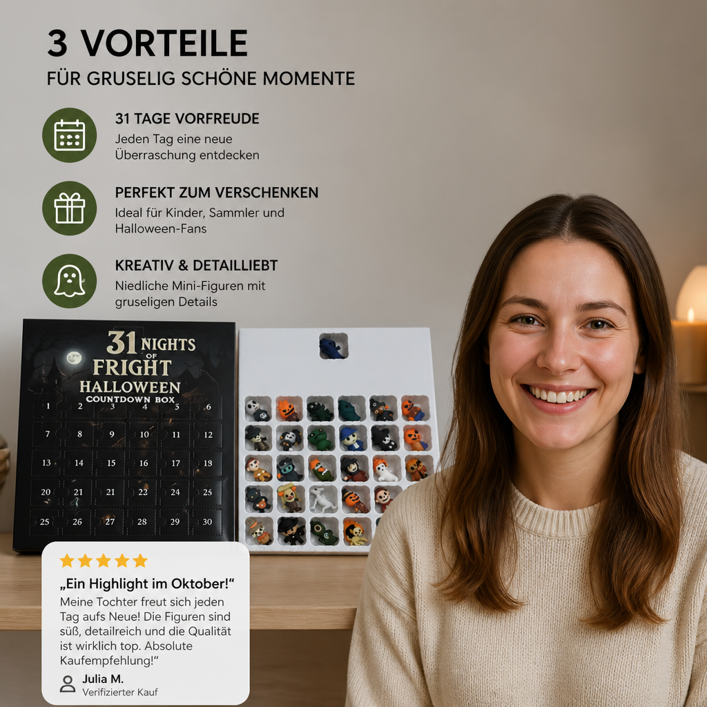 Halloween-Countdown-Kalender mit gruseligen Überraschungs-Mini-Figuren & Anhängern