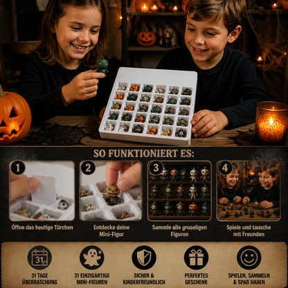 Halloween-Countdown-Kalender mit gruseligen Überraschungs-Mini-Figuren & Anhängern