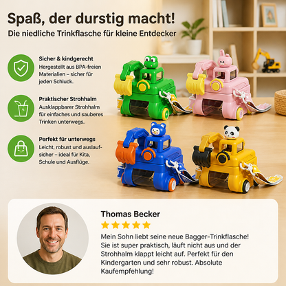 TinyExcavators Bagger-Trinkflasche mit Strohhalm für Kinder