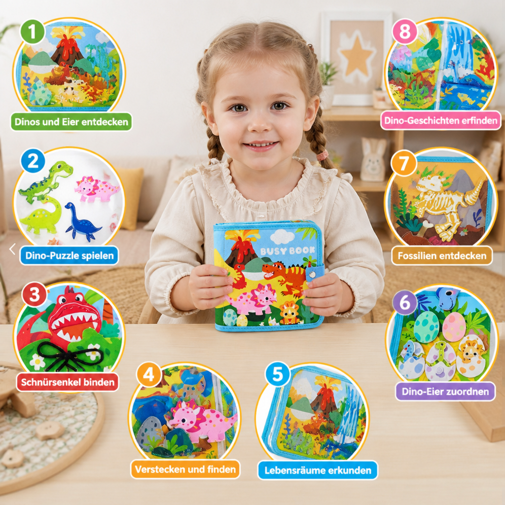 8-in-1 Montessori-Dinosaurier-Busy-Board-Aktivitätsbuch für Kleinkinder