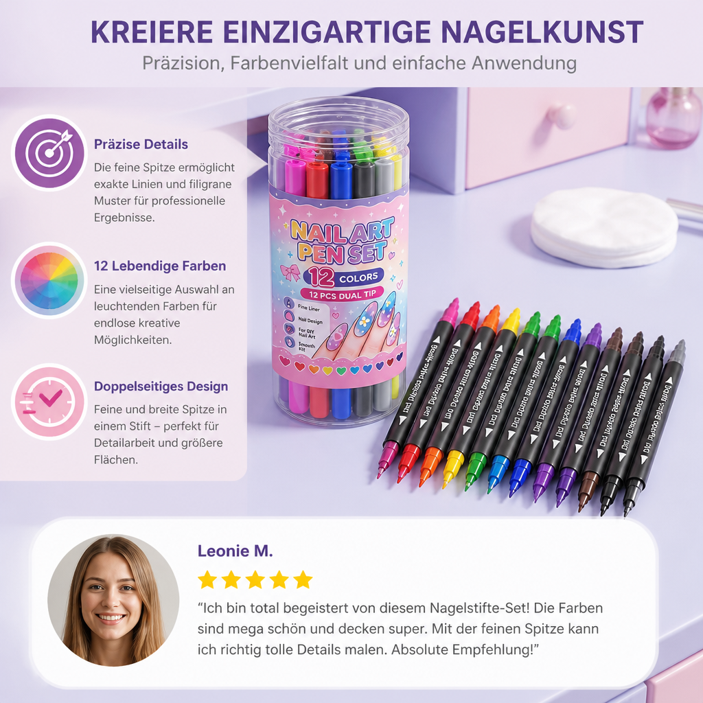 12-Farben-Nail-Art-Stifte-Set mit Doppelspitze – Für feine Details & kreative Designs
