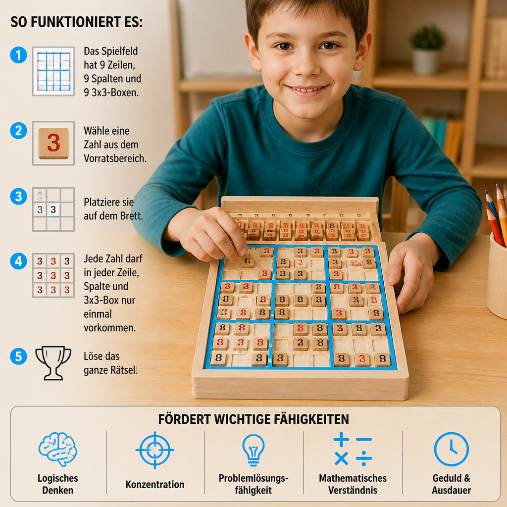 Holz-Sudoku-Puzzlebrett – Pädagogisches Logik- & Mathe-Spiel