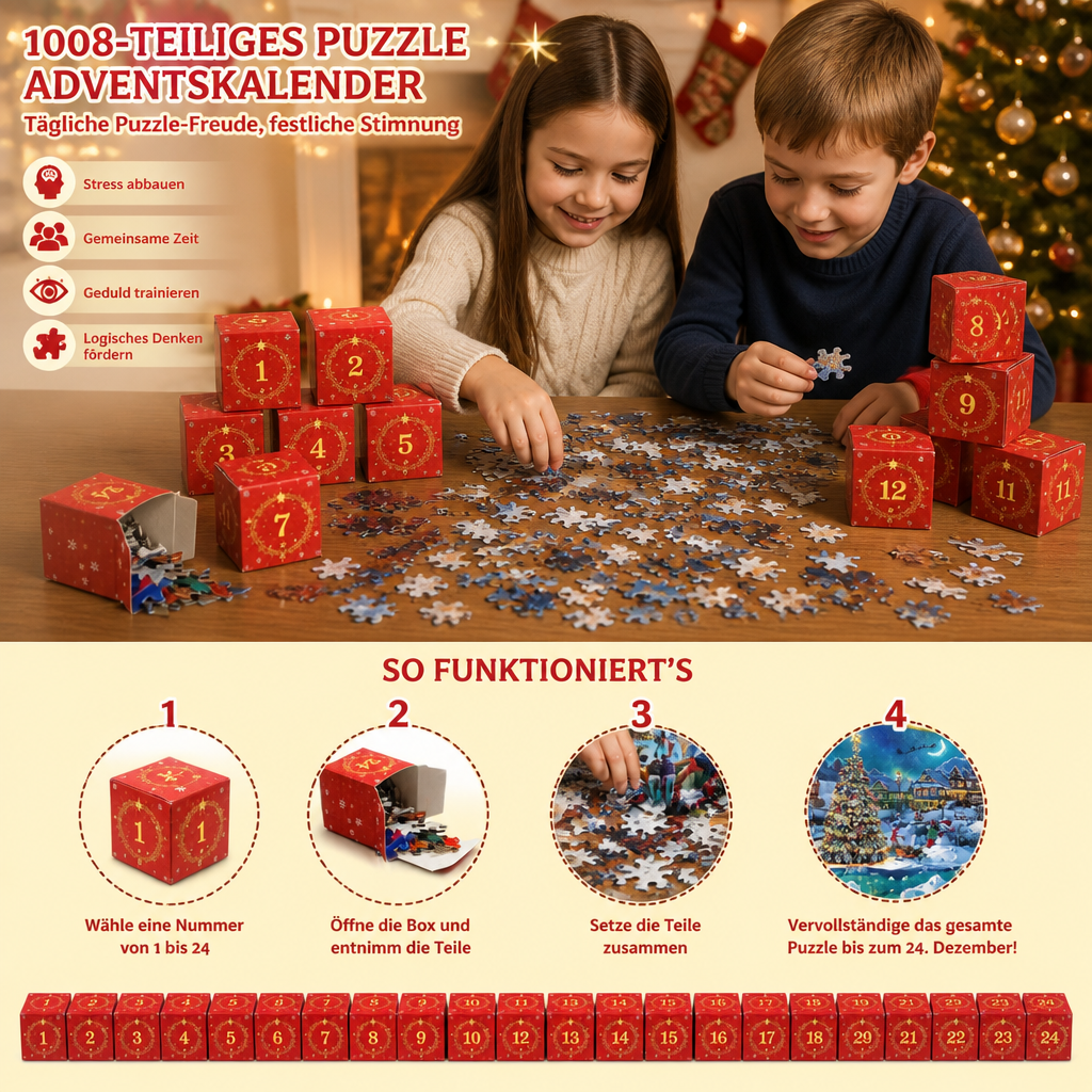 Weihnachts-Puzzle-Adventskalender – 24-Tage-Countdown-Set mit 1008 Teilen