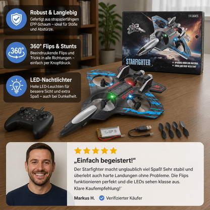 Robuste RC-Kampfjet-Drohne aus Schaumstoff für drinnen & draußen – 360°-Flips & LED-Lichter