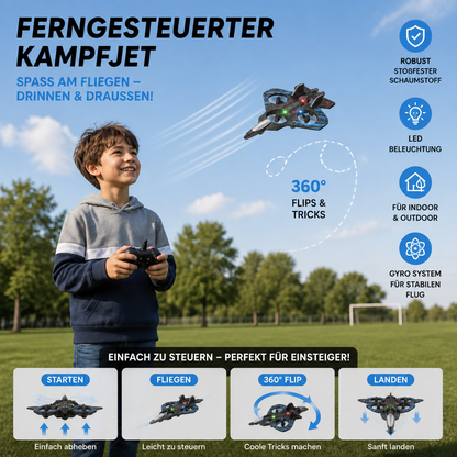 Robuste RC-Kampfjet-Drohne aus Schaumstoff für drinnen & draußen – 360°-Flips & LED-Lichter