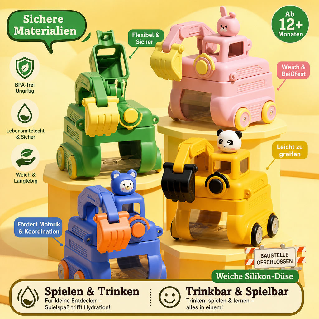 TinyExcavators Bagger-Trinkflasche mit Strohhalm für Kinder