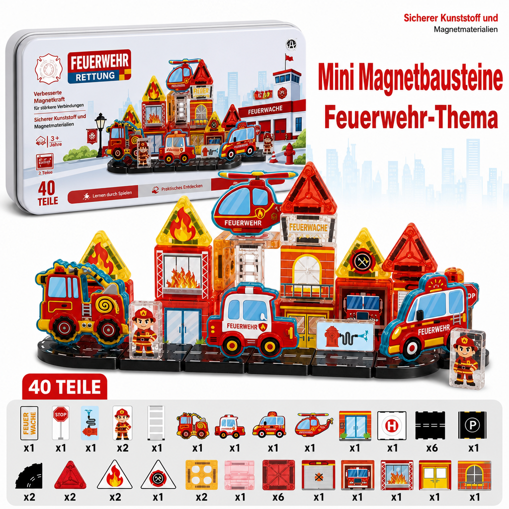 40-teiliges magnetisches Reise-Bauset mit Baustellen-, Feuerwehr- & Polizeifahrzeugen