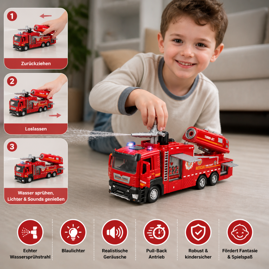 Feuerwehrauto mit Rückziehmotor, Wassersprühfunktion, Licht & Sound