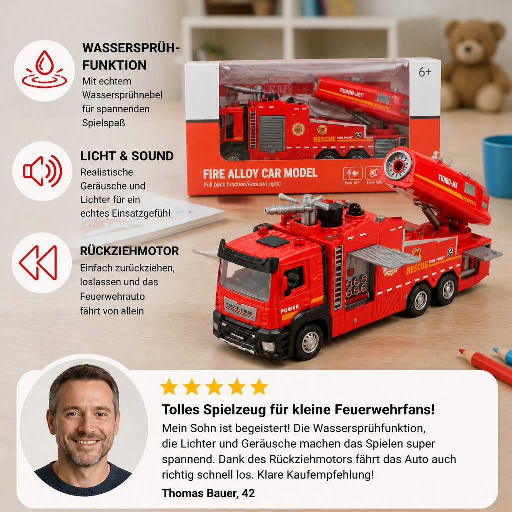 Feuerwehrauto mit Rückziehmotor, Wassersprühfunktion, Licht & Sound
