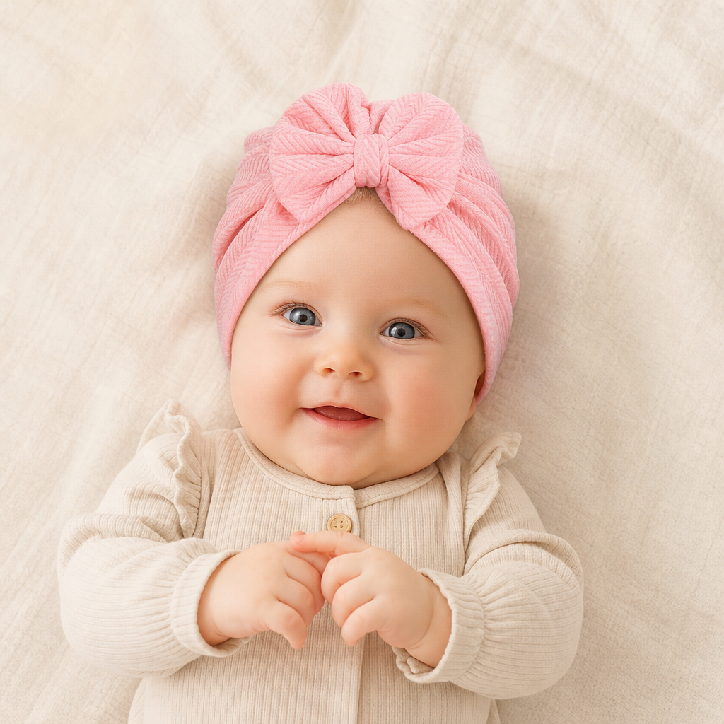 Geraffter Baby-Turban mit Schleife – Weiche Strickmütze für Neugeborene