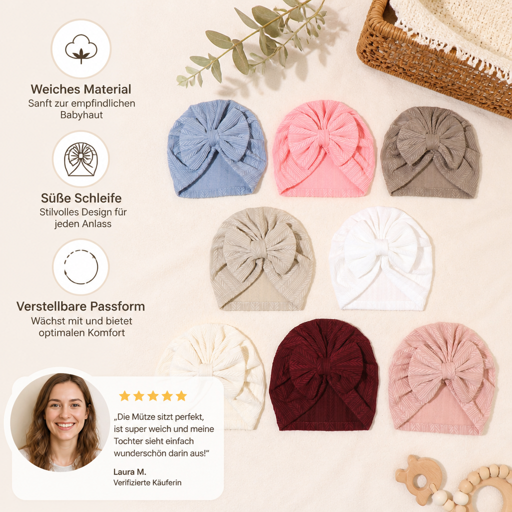 Geraffter Baby-Turban mit Schleife – Weiche Strickmütze für Neugeborene