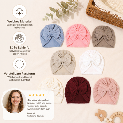 Geraffter Baby-Turban mit Schleife – Weiche Strickmütze für Neugeborene