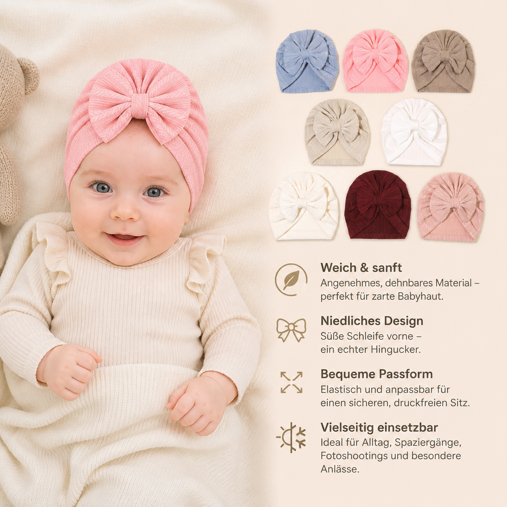 Geraffter Baby-Turban mit Schleife – Weiche Strickmütze für Neugeborene